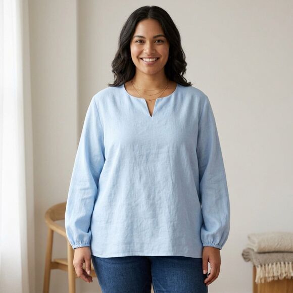 Tops - Womens XL Light Blue 100% Linen Split V-Neck Long Sleeve Blouse Top Extra Large